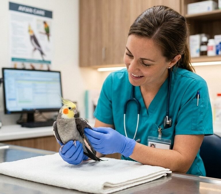Avian veterinarian examining a perched cockatiel pet bird in a clean clinical exam room