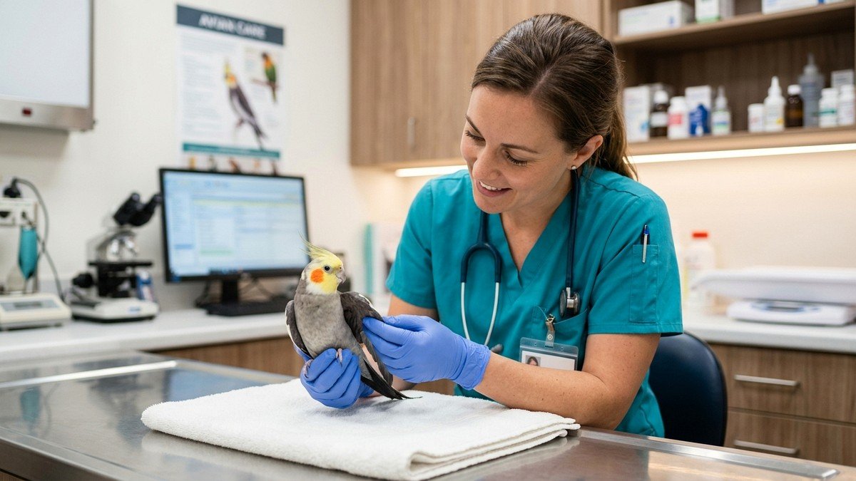 Avian veterinarian examining a perched cockatiel pet bird in a clean clinical exam room