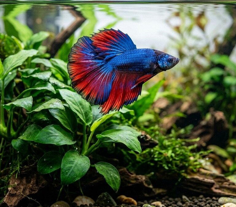 Vibrant male halfmoon betta fish swimming gracefully in a clean planted freshwater tank