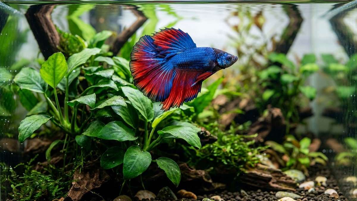 Vibrant male halfmoon betta fish swimming gracefully in a clean planted freshwater tank