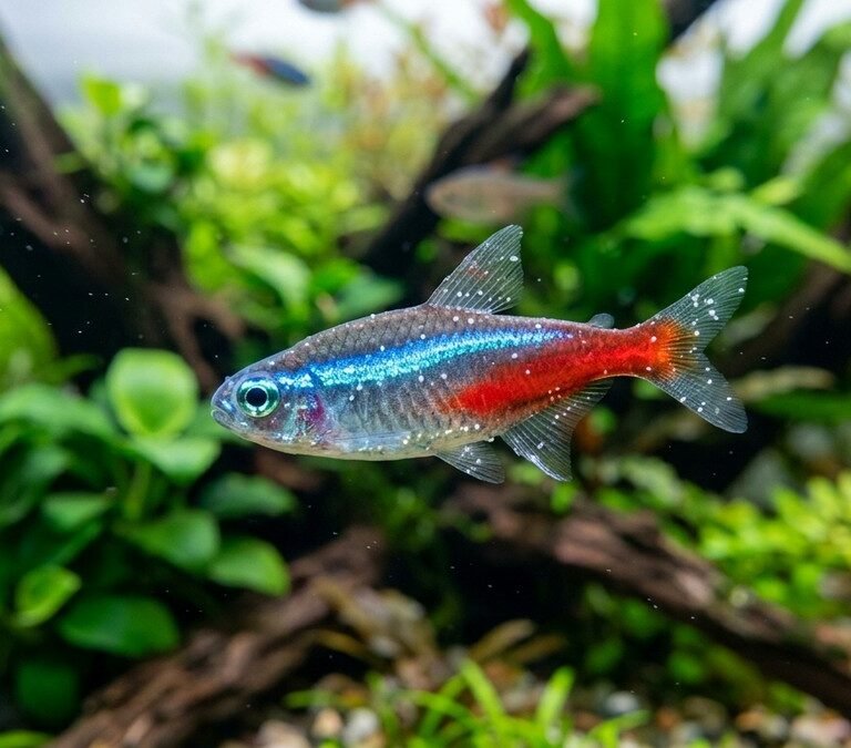 Macro close-up of freshwater tropical fish showing early white spot salt grain symptoms of ich disease