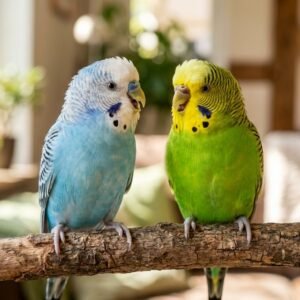 Two colorful budgerigar parakeets perched side by side on a branch singing happily