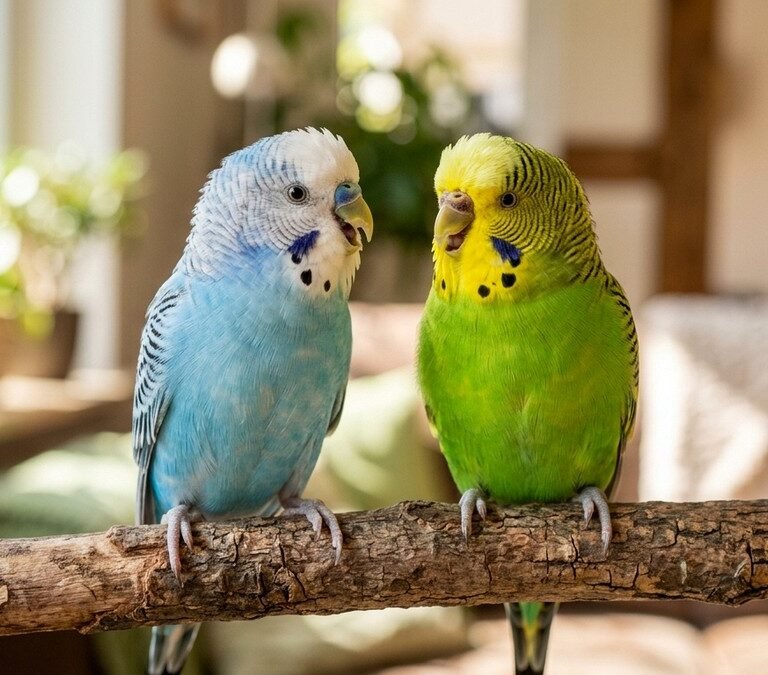 Two colorful budgerigar parakeets perched side by side on a branch singing happily
