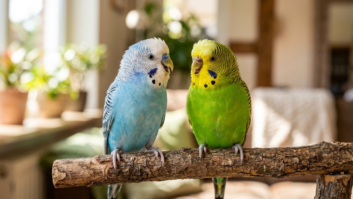 Two colorful budgerigar parakeets perched side by side on a branch singing happily