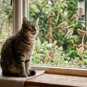 Tabby cat sitting on indoor windowsill watching birds outside with alert dilated eyes