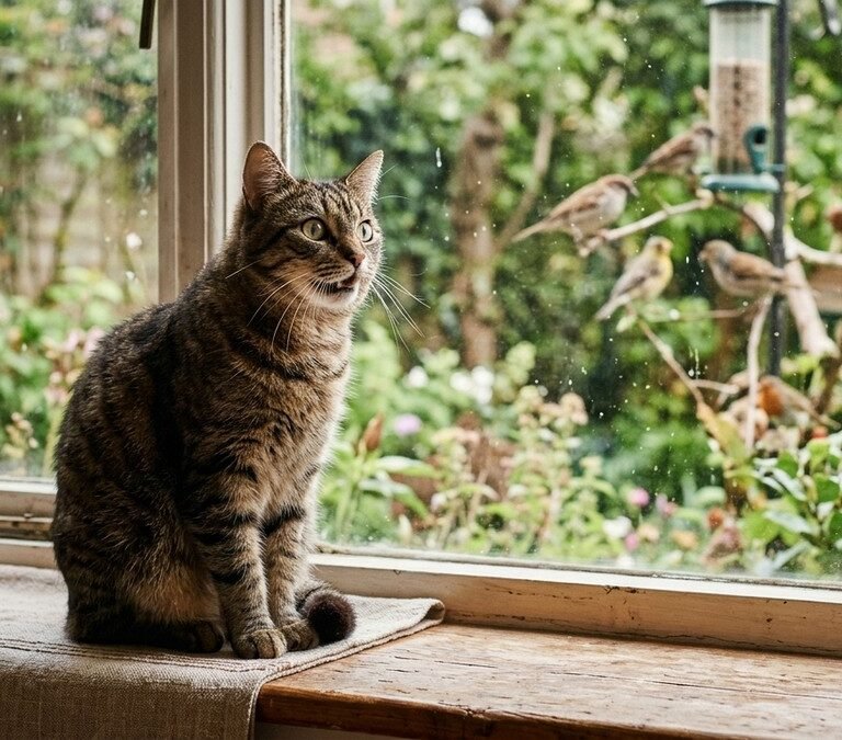 Tabby cat sitting on indoor windowsill watching birds outside with alert dilated eyes