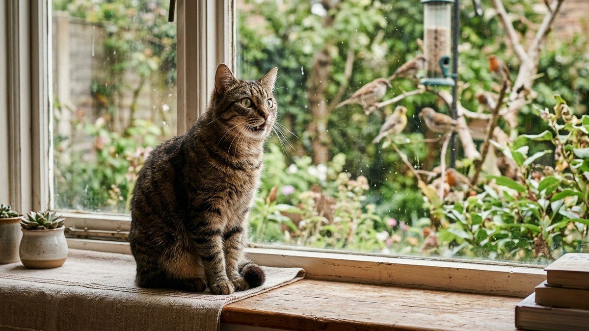 Tabby cat sitting on indoor windowsill watching birds outside with alert dilated eyes