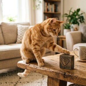 Playful orange tabby cat perched on a wooden coffee table tapping an object with its paw