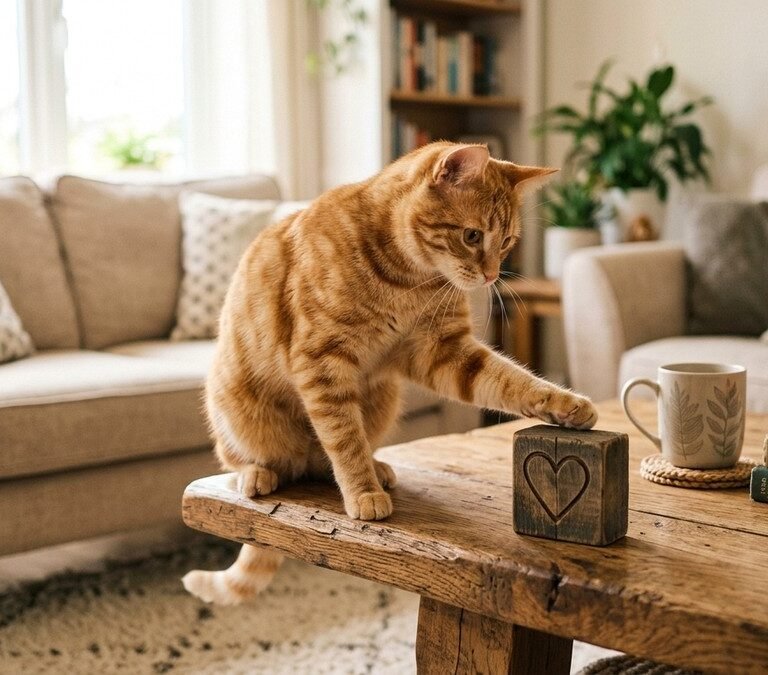 Playful orange tabby cat perched on a wooden coffee table tapping an object with its paw