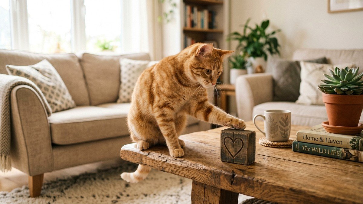 Playful orange tabby cat perched on a wooden coffee table tapping an object with its paw
