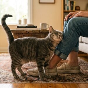 Affectionate grey cat rubbing cheek and scent glands against human leg in living room