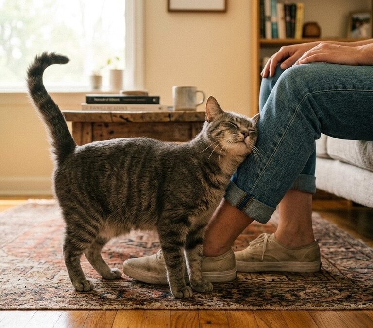 Affectionate grey cat rubbing cheek and scent glands against human leg in living room