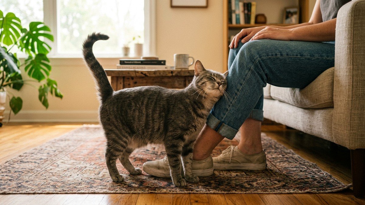 Affectionate grey cat rubbing cheek and scent glands against human leg in living room