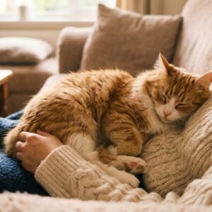 Fluffy domestic cat sleeping peacefully curled up on human chest on a comfortable sofa