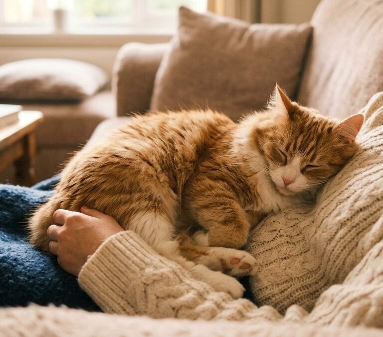 Fluffy domestic cat sleeping peacefully curled up on human chest on a comfortable sofa