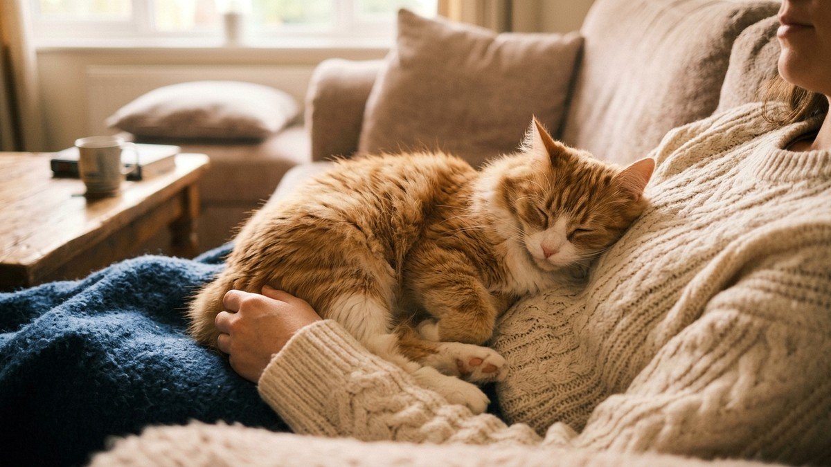 Fluffy domestic cat sleeping peacefully curled up on human chest on a comfortable sofa