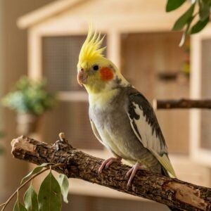 Pet cockatiel bird with bright yellow crest perched attentively on a natural branch