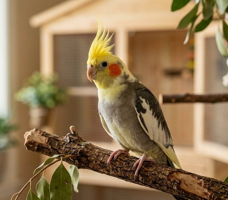Pet cockatiel bird with bright yellow crest perched attentively on a natural branch