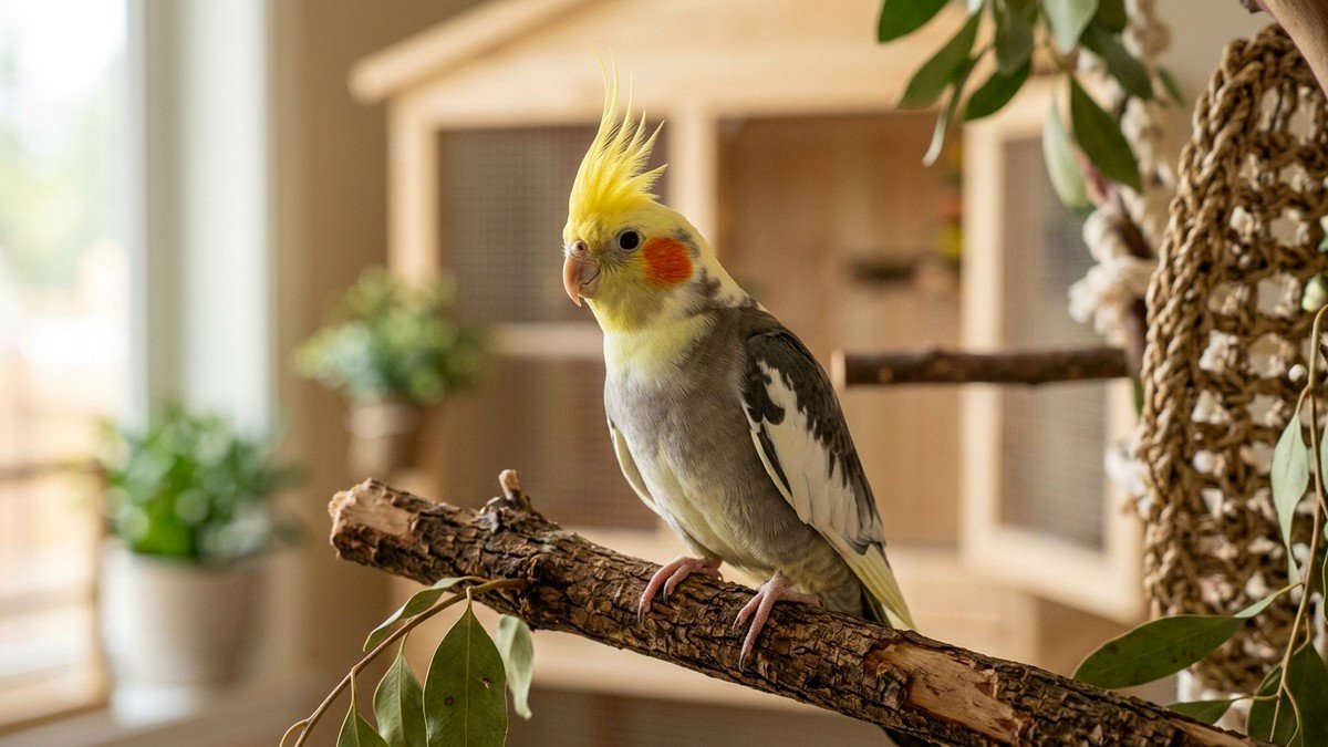 Pet cockatiel bird with bright yellow crest perched attentively on a natural branch