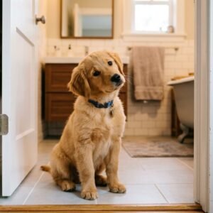 Curious golden retriever puppy sitting patiently in an open bathroom doorway tilting its head
