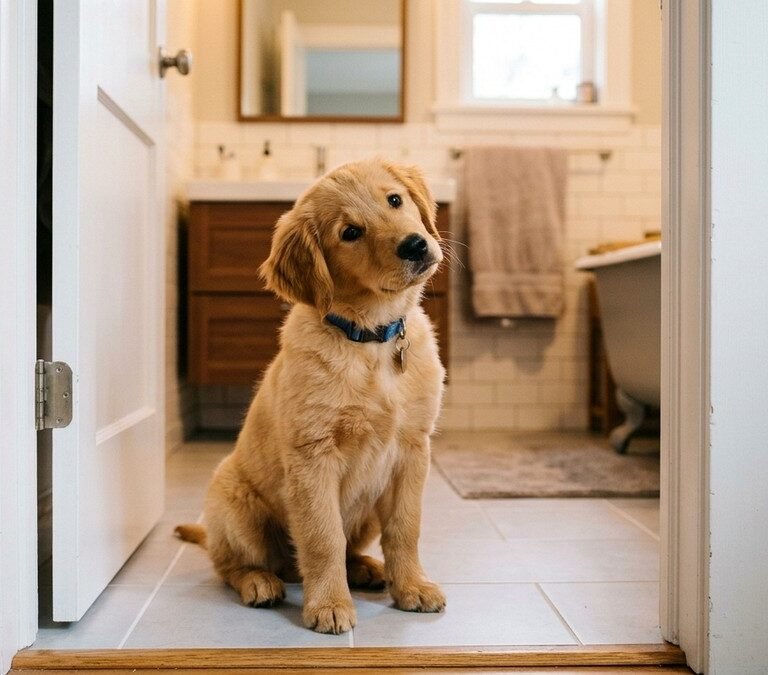 Curious golden retriever puppy sitting patiently in an open bathroom doorway tilting its head