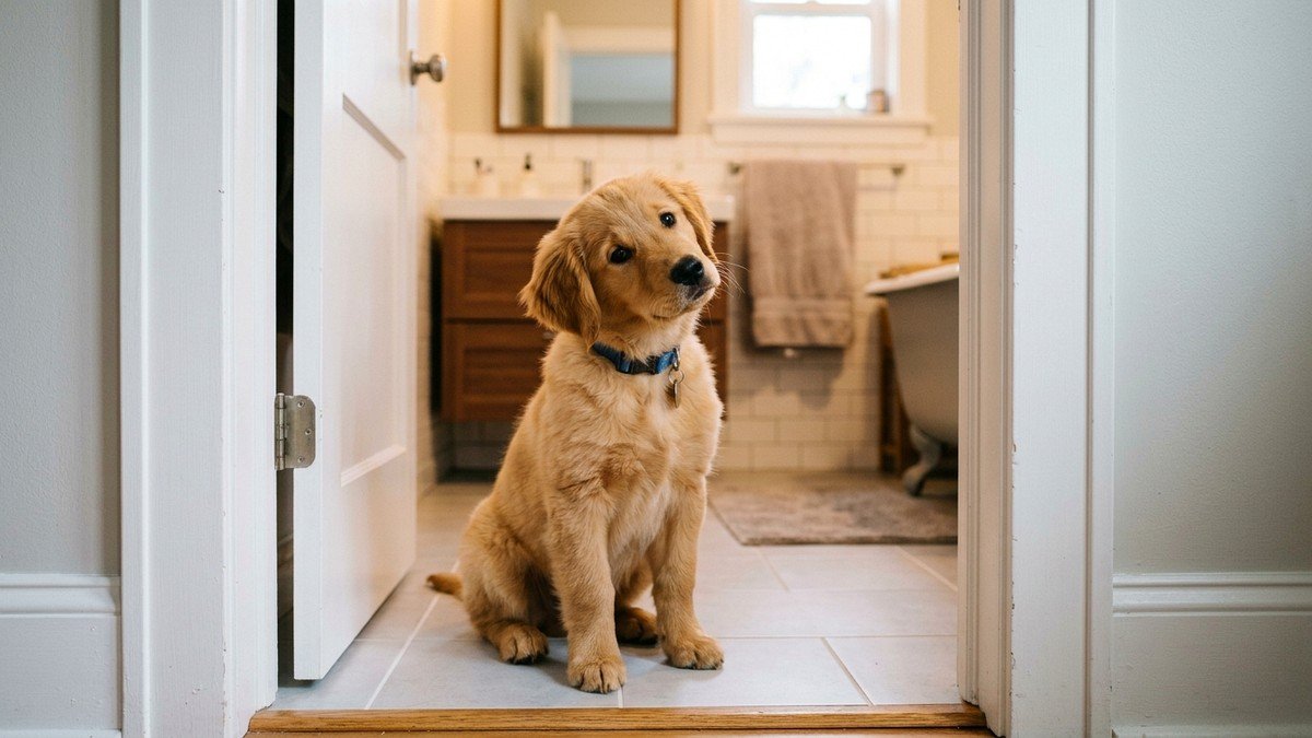 Curious golden retriever puppy sitting patiently in an open bathroom doorway tilting its head