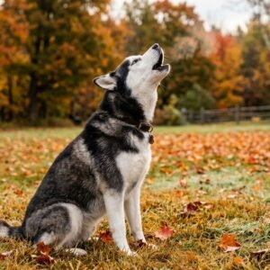 Siberian husky dog sitting in an autumn yard with head tilted upward howling expressively