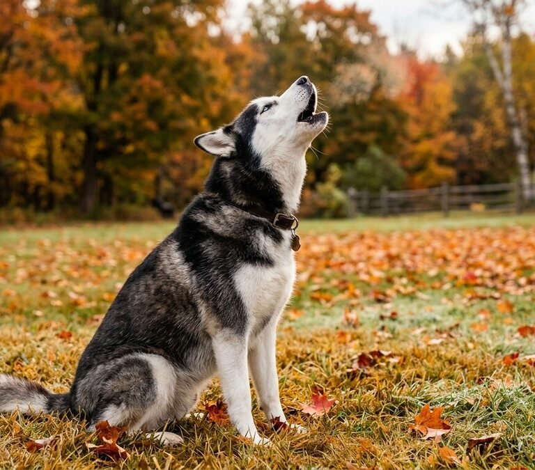 Siberian husky dog sitting in an autumn yard with head tilted upward howling expressively