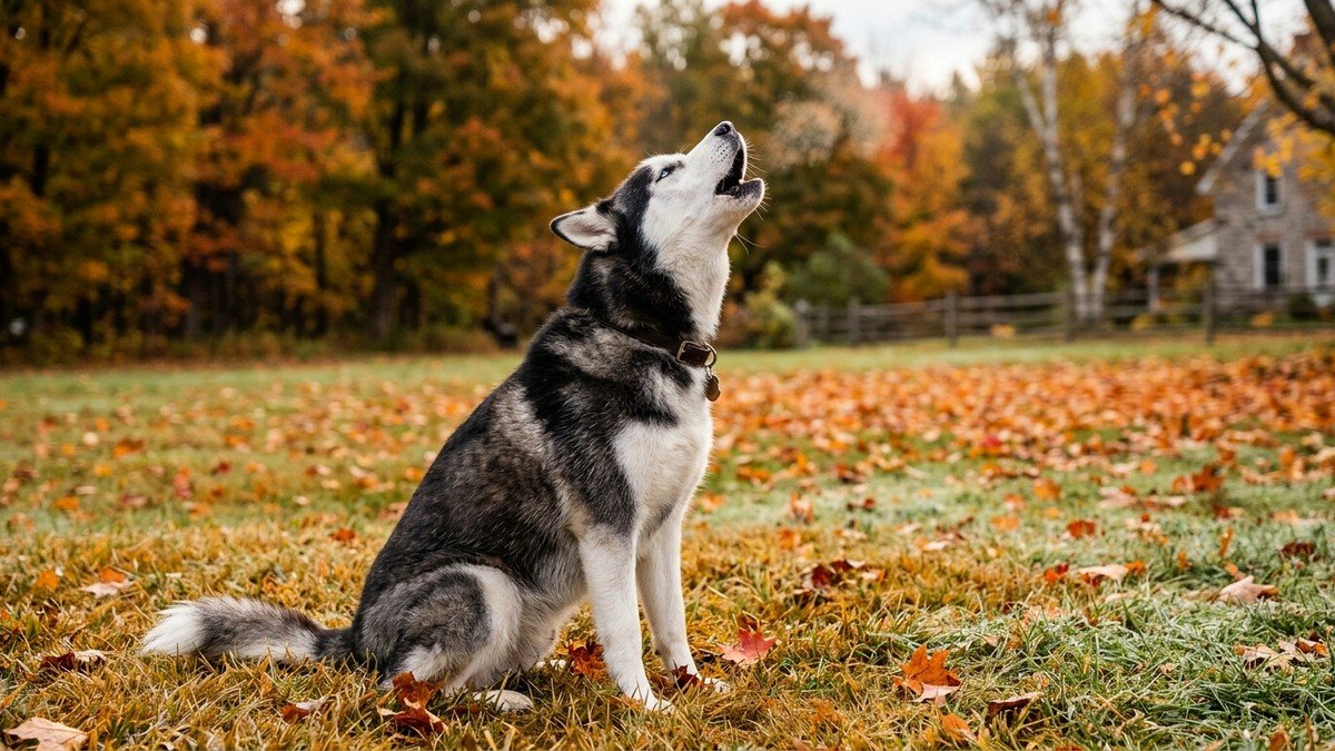 Siberian husky dog sitting in an autumn yard with head tilted upward howling expressively