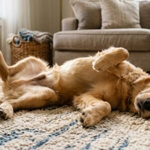 Golden retriever dog sleeping peacefully on its back on a living room rug with paws in the air