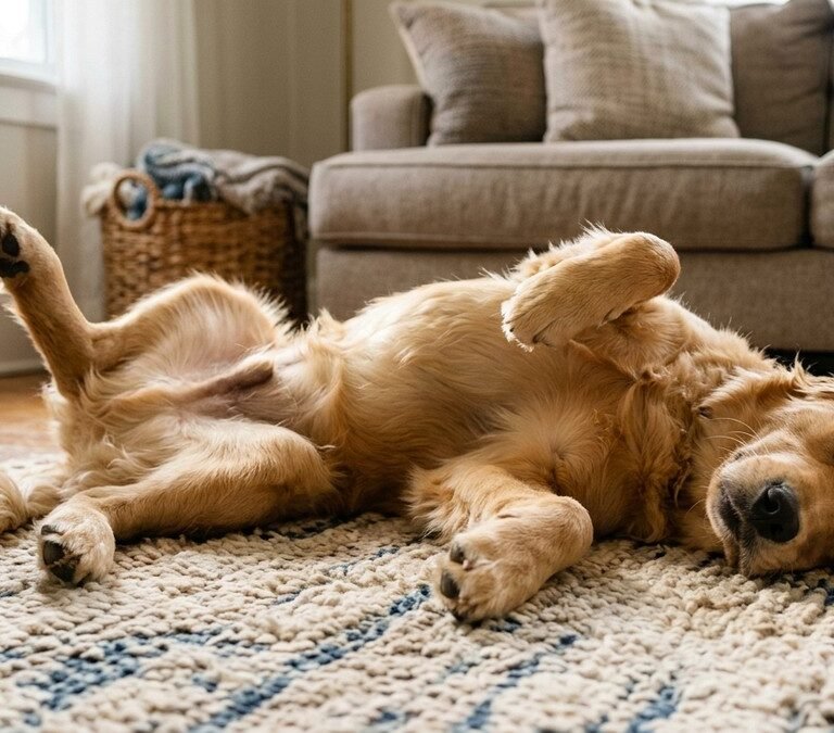 Golden retriever dog sleeping peacefully on its back on a living room rug with paws in the air