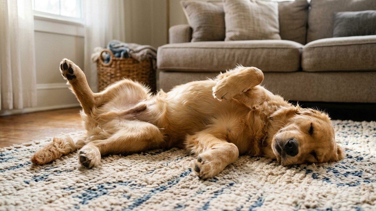 Golden retriever dog sleeping peacefully on its back on a living room rug with paws in the air
