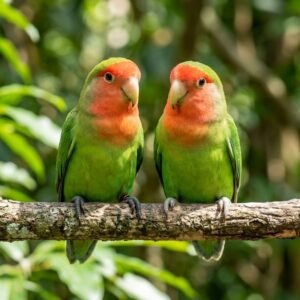 Two peach-faced lovebirds with bright green bodies perched closely on a wooden branch