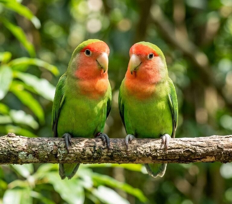 Two peach-faced lovebirds with bright green bodies perched closely on a wooden branch