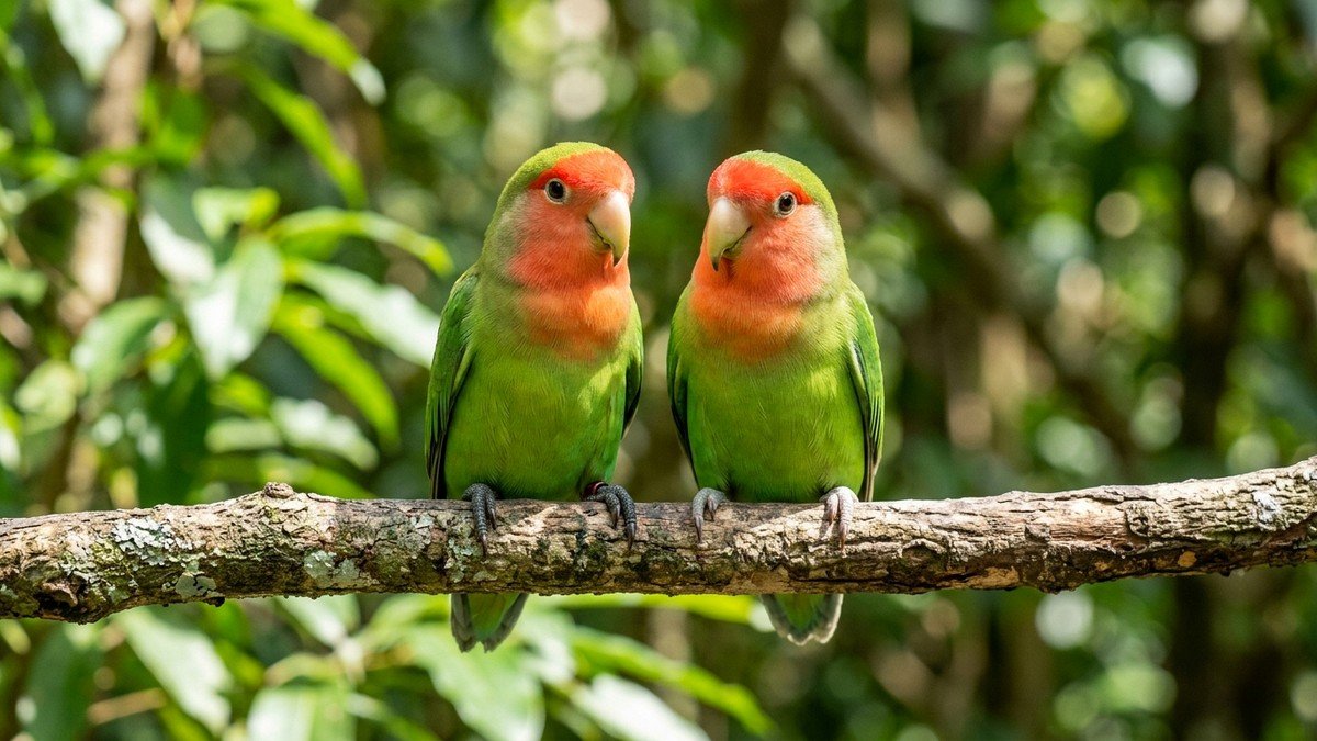 Two peach-faced lovebirds with bright green bodies perched closely on a wooden branch