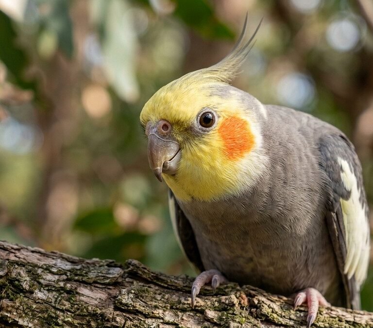 Healthy companion cockatiel bird showing clear nostrils and bright eyes perched on tree branch