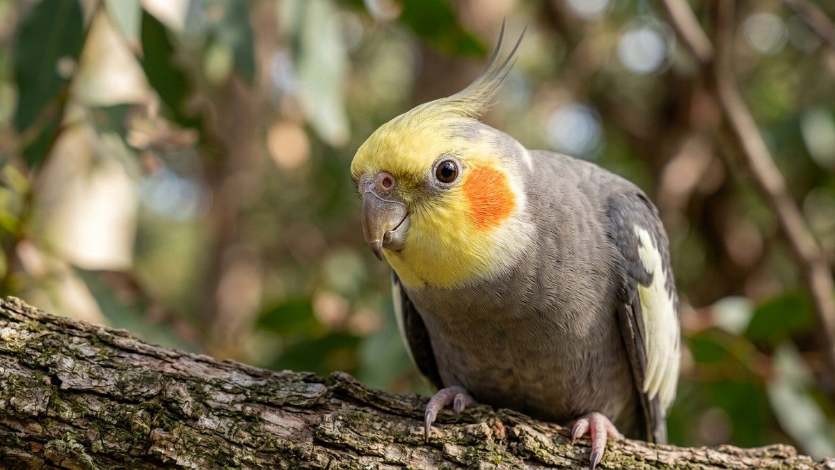 Healthy companion cockatiel bird showing clear nostrils and bright eyes perched on tree branch