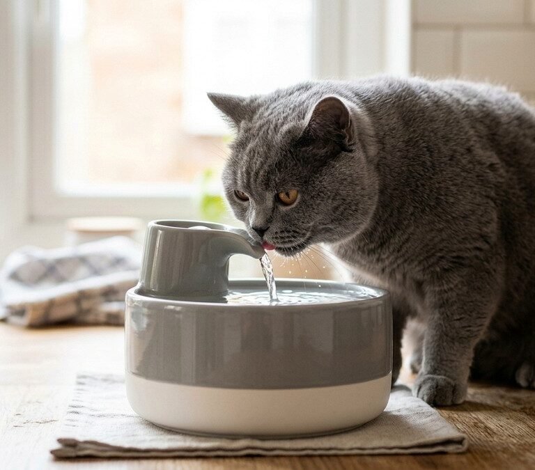 Domestic grey cat drinking fresh clean flowing water from a ceramic pet fountain