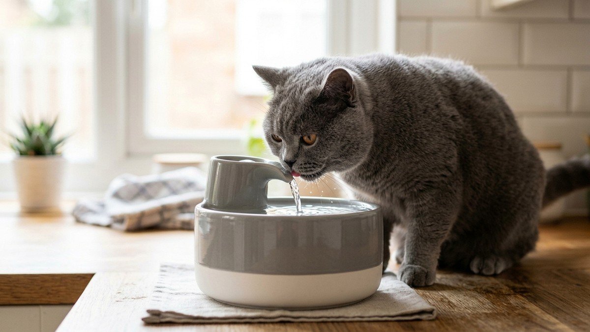 Domestic grey cat drinking fresh clean flowing water from a ceramic pet fountain