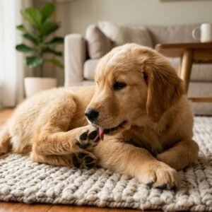 Golden retriever dog lying on a cozy carpet gently inspecting and licking its front paw