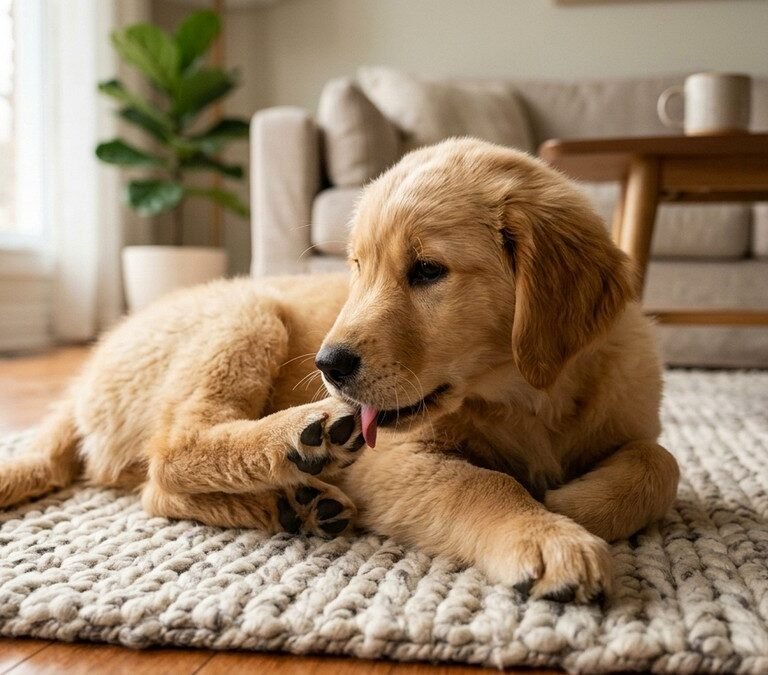Golden retriever dog lying on a cozy carpet gently inspecting and licking its front paw