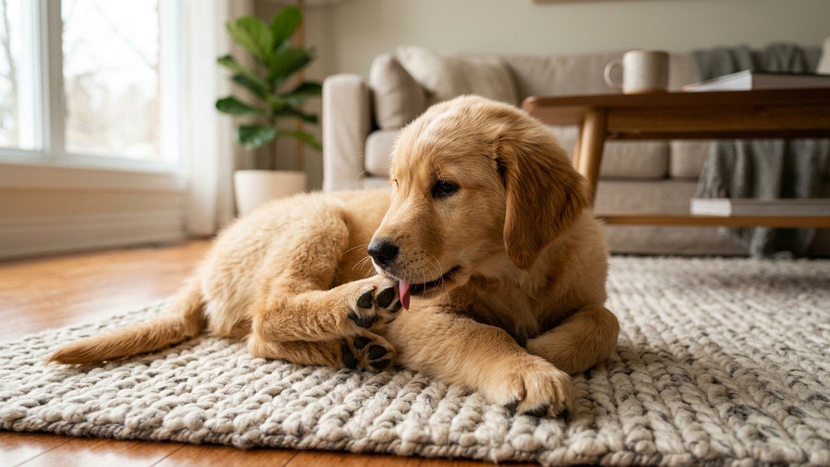 Golden retriever dog lying on a cozy carpet gently inspecting and licking its front paw