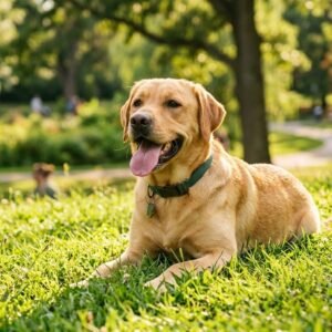 Labrador retriever dog resting in a green park panting gently after outdoor exercise