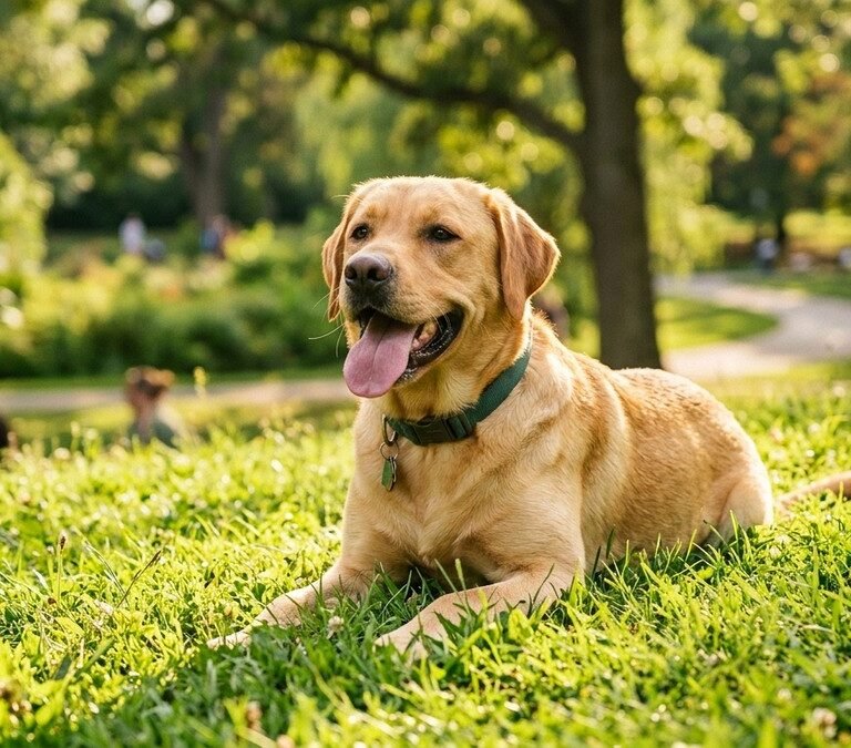 Labrador retriever dog resting in a green park panting gently after outdoor exercise