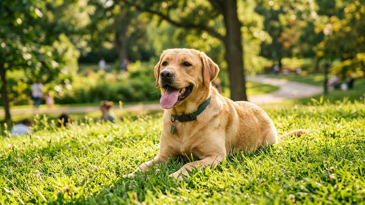 Labrador retriever dog resting in a green park panting gently after outdoor exercise