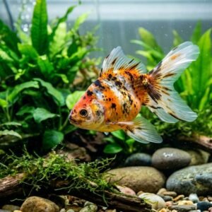 Fancy goldfish with swim bladder disorder floating tilted in planted freshwater home aquarium