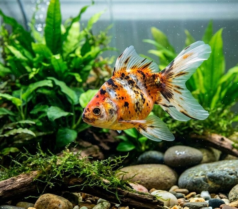 Fancy goldfish with swim bladder disorder floating tilted in planted freshwater home aquarium