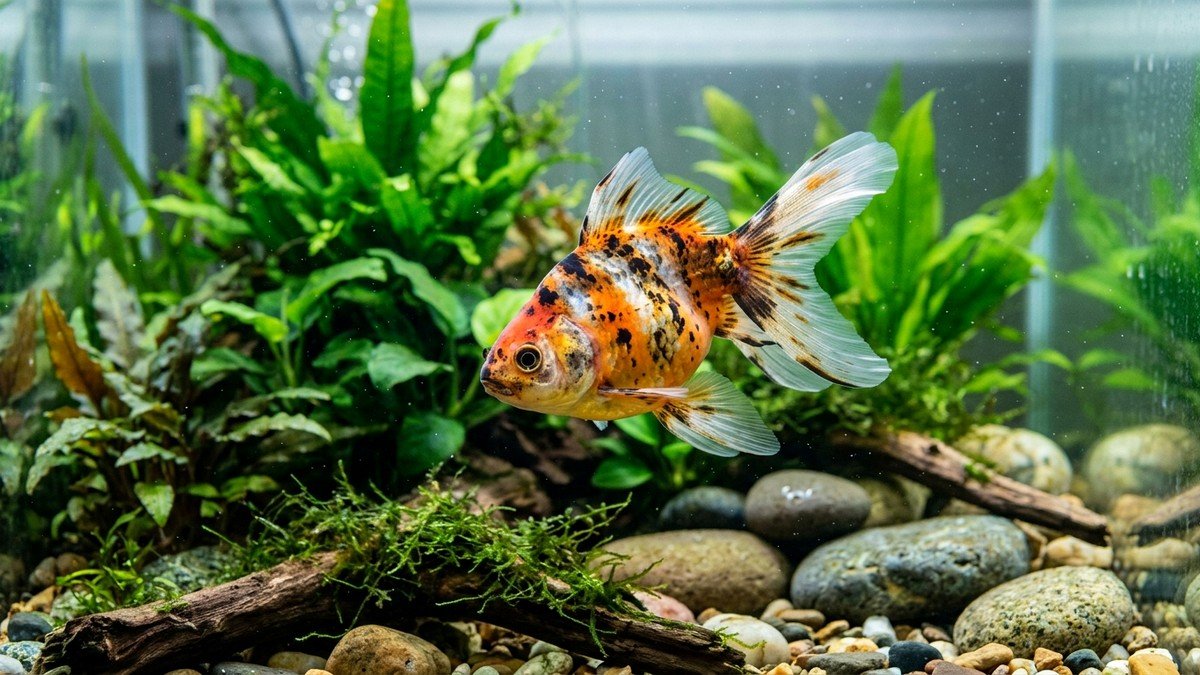 Fancy goldfish with swim bladder disorder floating tilted in planted freshwater home aquarium