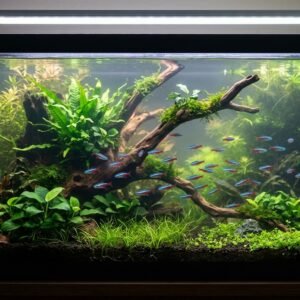 Planted freshwater aquarium with lush aquatic vegetation, driftwood, and school of neon tetras