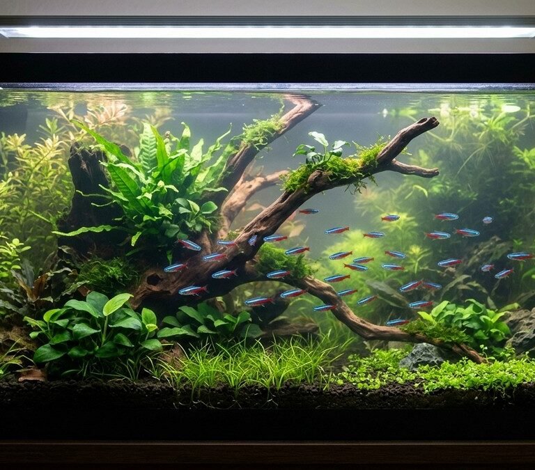 Planted freshwater aquarium with lush aquatic vegetation, driftwood, and school of neon tetras